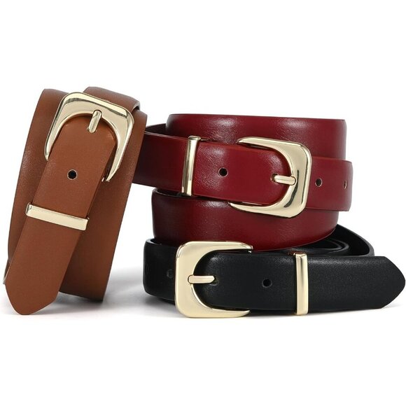 Women\'s Black Faux Leather Waist Belt With Gold Silver Buckle Casual Jeans Pants